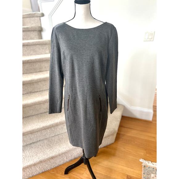 Ralph Lauren Grey Sheath Real Leather Trim Elbow Patch Dress - Picture 1 of 8